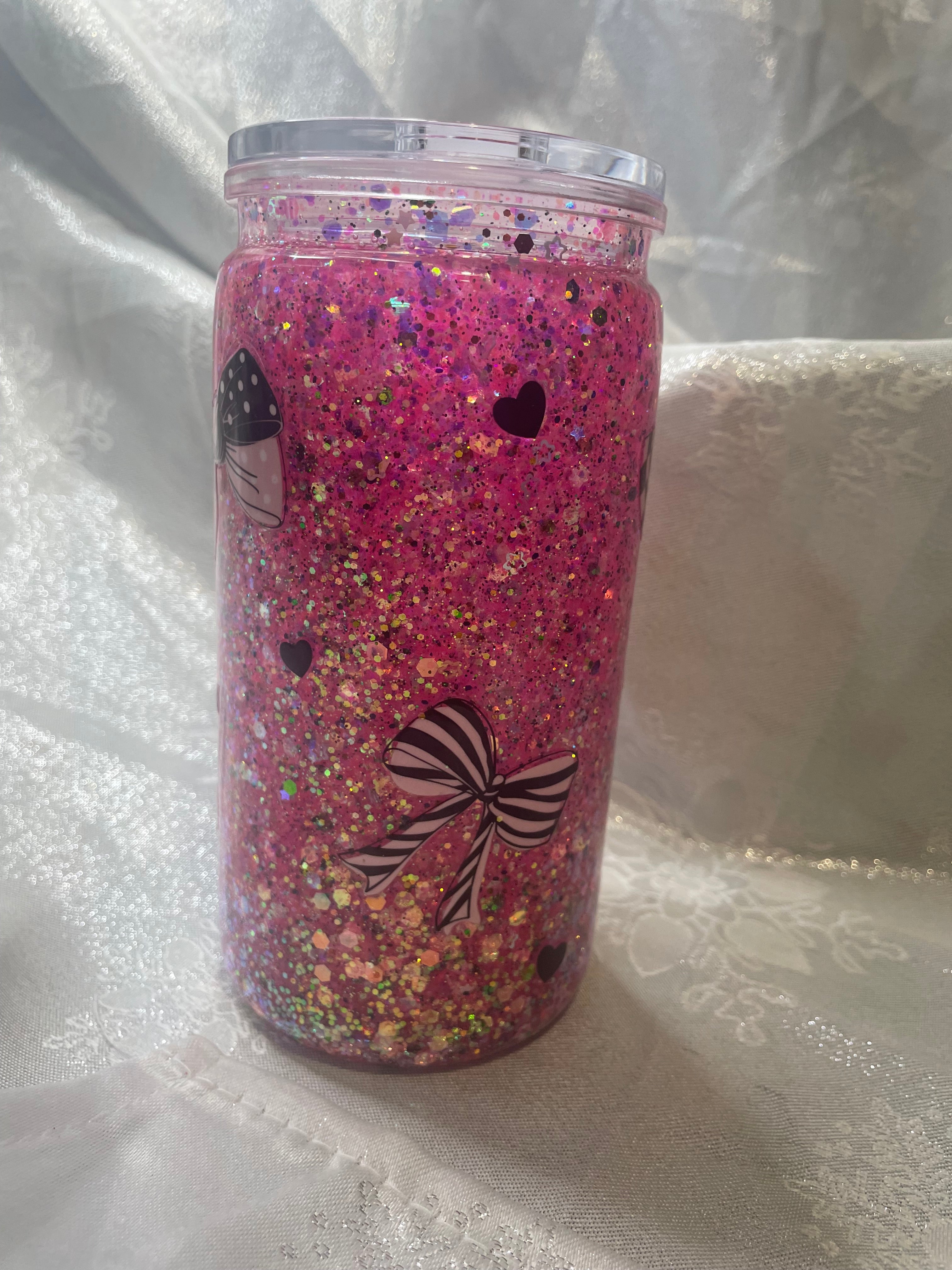 ✨ 16oz Snow Globe Tumbler – Pink Glitter with Black and Pink Bows and Hearts! ✨